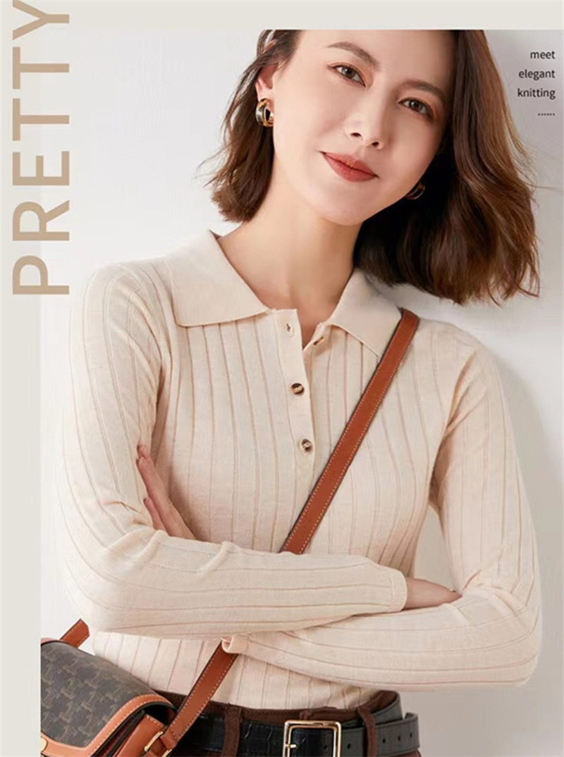 Women's High Quality Knitting Long Sleeved Blouse with Polo Neck