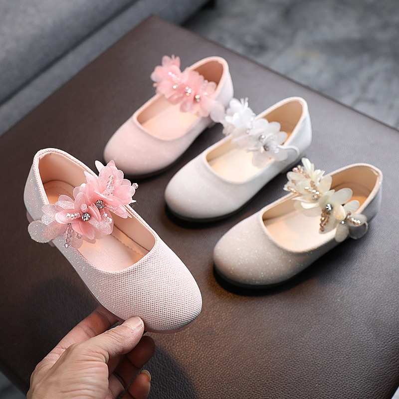 Child Beaded Little Flowers Leather Shoes Girls Princess Shoes Middle and Small Children Crystal Soft Bottom Dancing Shoes
