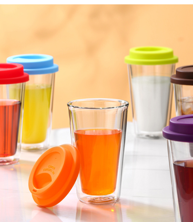 Factory 350ml Insulated Double Wall Borosilicate Glass Coffee Mug Handmade Travel Juice Glass Cup with Silicone Lid