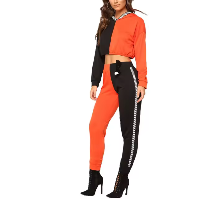 Patchwork Women Zipper Crop Jacket And Long Pants Suit 2025 Sporty Two 2 Piece Sets Oem & Odm Service 100% Cotton