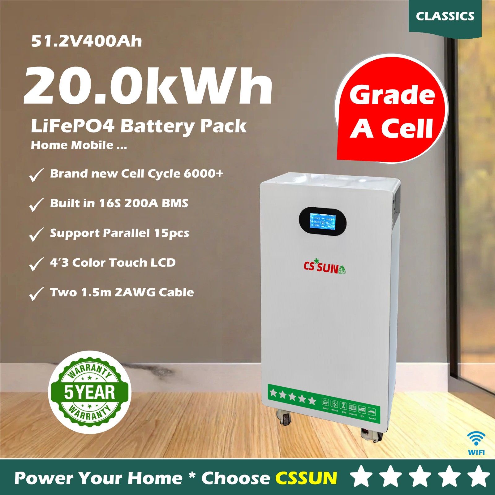 CSSUN LPUS48V400H LiFePO4 UP Stand Lithium batteries for Luc solar power system home battery industrial power energy China factory China manufacturer