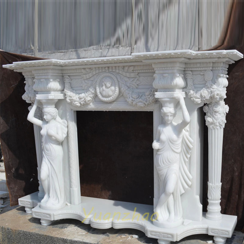 Factory Supply Natural Stone Lady Statue Firelace Mantel White Marble Fireplace Surround for Home