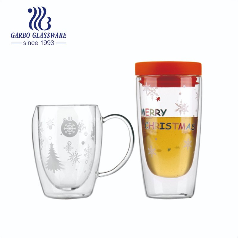 Europe Hot Sales Hot Drinks Latte Coffee Glasses Christmas Design 350ml Espresso Cappuccino Double Wall Glass Mug
