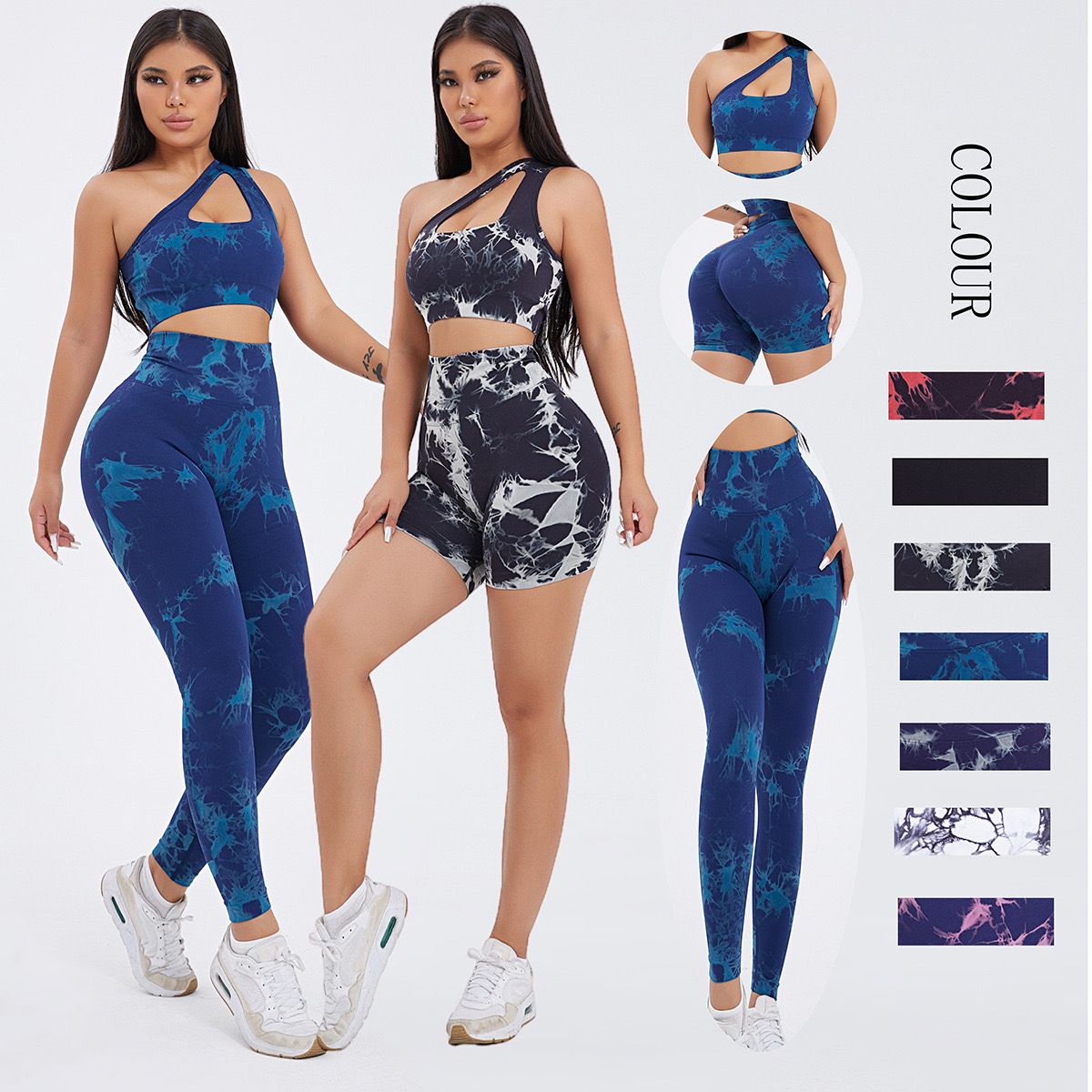New Designer Seamless Activewear Camo Workout Clothes for Women, 3PCS Sexy One Shoulder Yoga Bra + Biker Shorts + Athletic Leggings Matching Gym Sets