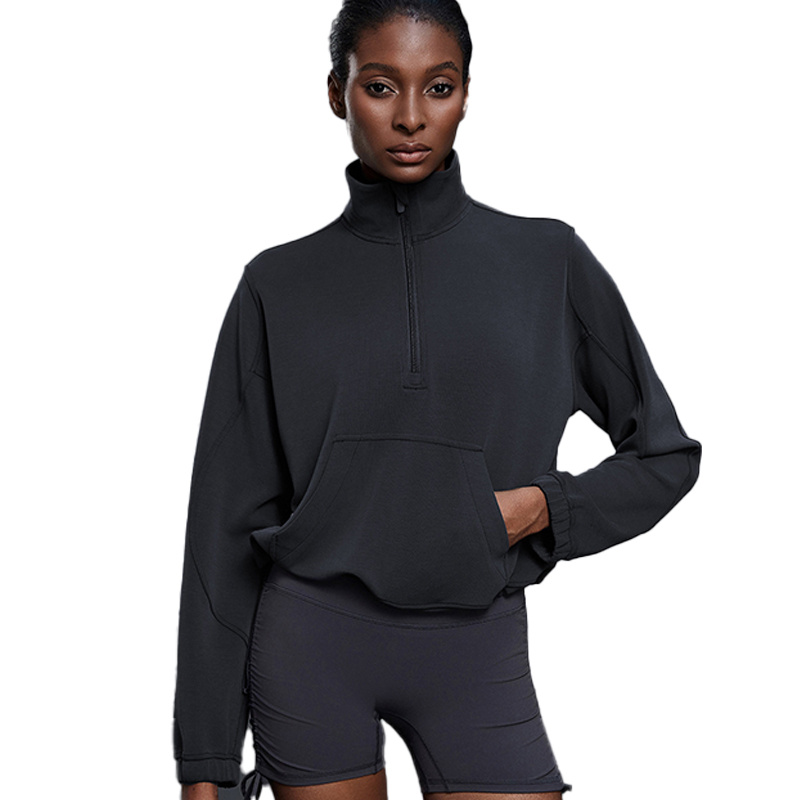 Women's Casual Loose Half-Zip Sweatshirt Stand-Collar Drawstring Hem Sports Top Hoodie