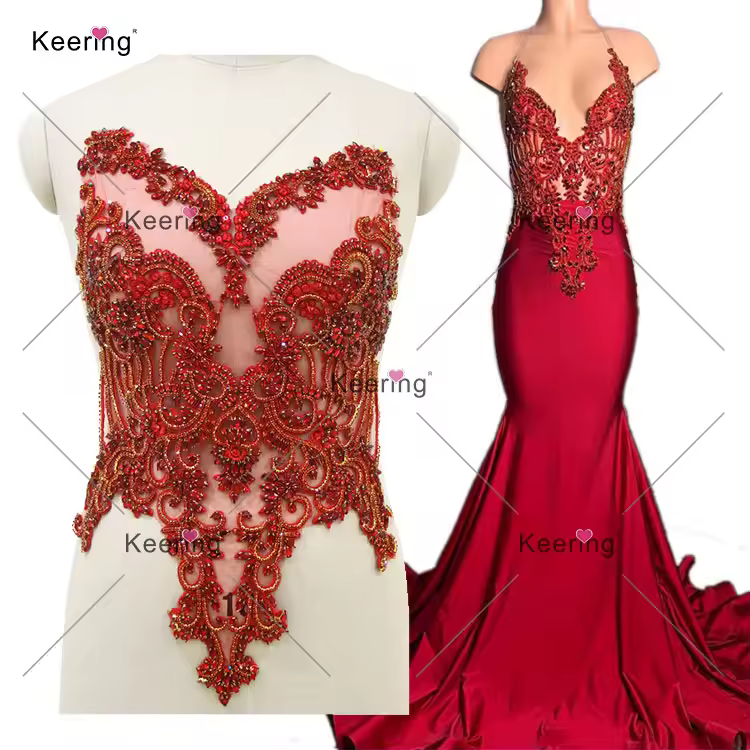 Wdp-295 Dress Decoration Red Dress Panel Bodice Crystal Rhinestone Applique In Stock