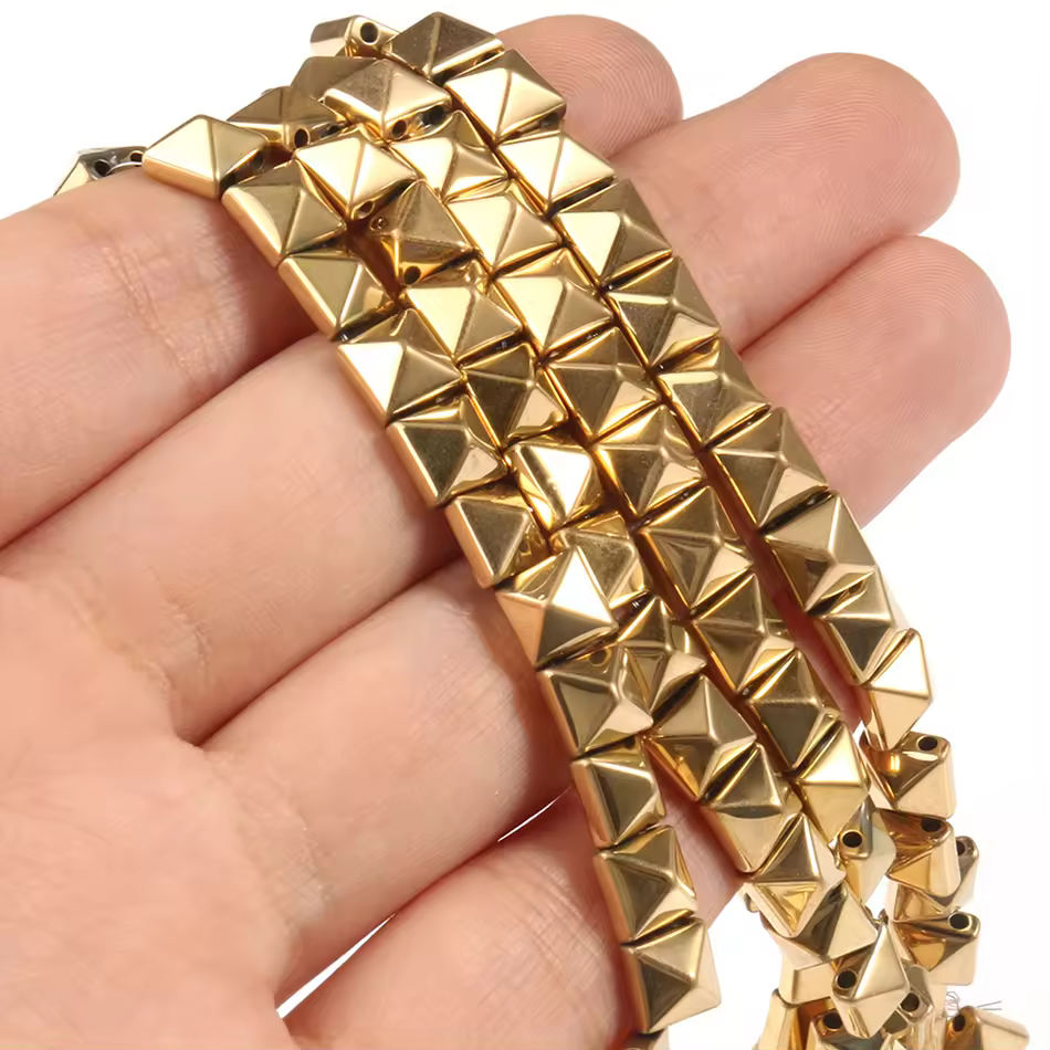 High Quality 6*6*4mm Real Gold Plated Two Holes Pyramid Shape Hematite Stone Beads For Jewelry Making Diy