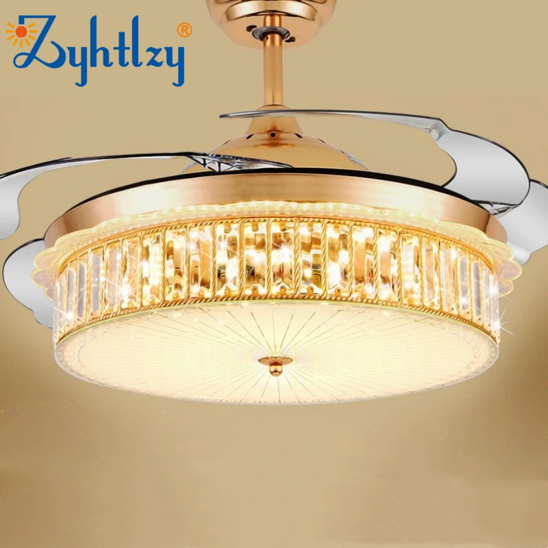 Wholesale Modern Luxury Industrial Hot Sale 42 or 48 Inch LED Ceiling Fan Lamp Crystal Home Decorative Big Golden LED Ceiling Fan Light (ZY-FS008)