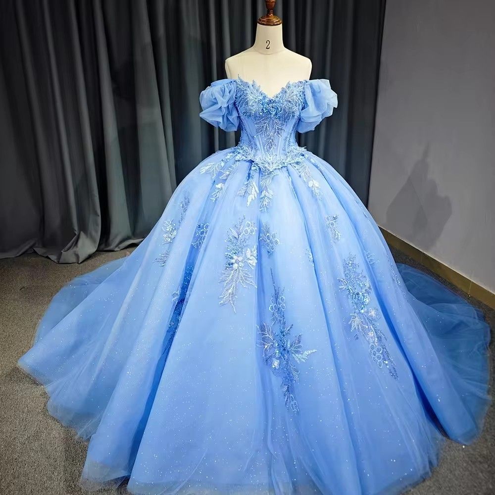 Handmade Princess Blue off Shoulder Sweetheart Quinceanera Lace Party Women's Wedding Dresses