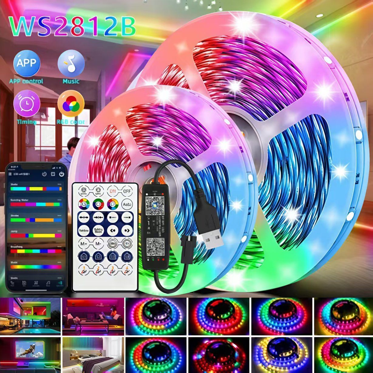 Smart LED Strip Ws2812b 60LEDs/M SMD5050 RGBW APP/Voice Control Flexible Holiday/Home Lighting