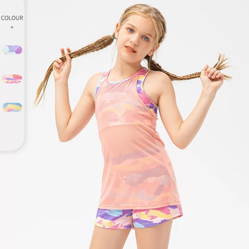 Wholesale Cute Tie Dye Printed Sports Outfits 2 in 1 Tank Top with Mesh Cover + Athletic Shorts with Side Pockets, 2PCS Set Summer Activewear for Young Girls