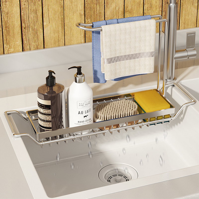 New Adjustable Sink Caddy Rack Telescopic Holder Shelf Sponge Basket Metal Kitchen Sink Towel Holder