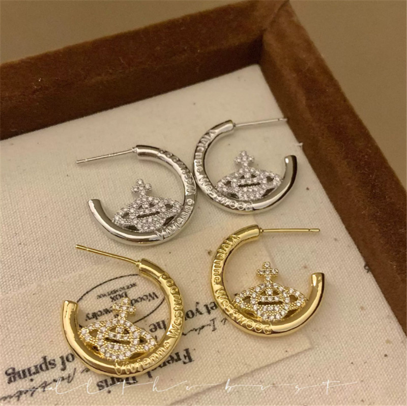 Best Selling 18K Gold Plating Earring Jewelry Brand Westwood Diamond Zircon Saturn Hoop Earring