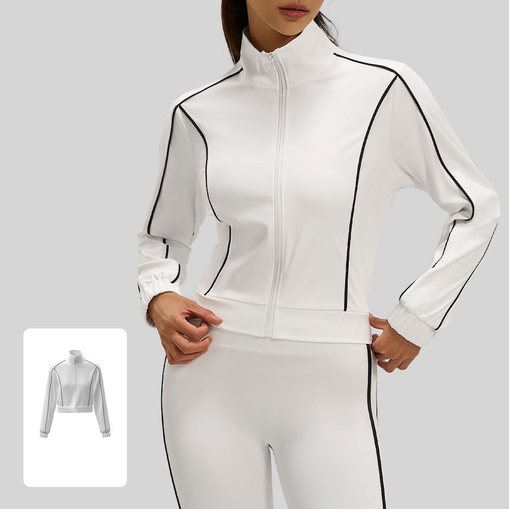 Retro Fashion Polyester Travel Sports Bomber Coat with Contrast Color Stripes for Women, Oversized Track Tops Striped Long Sleeve Zip up Collar Training Jacket