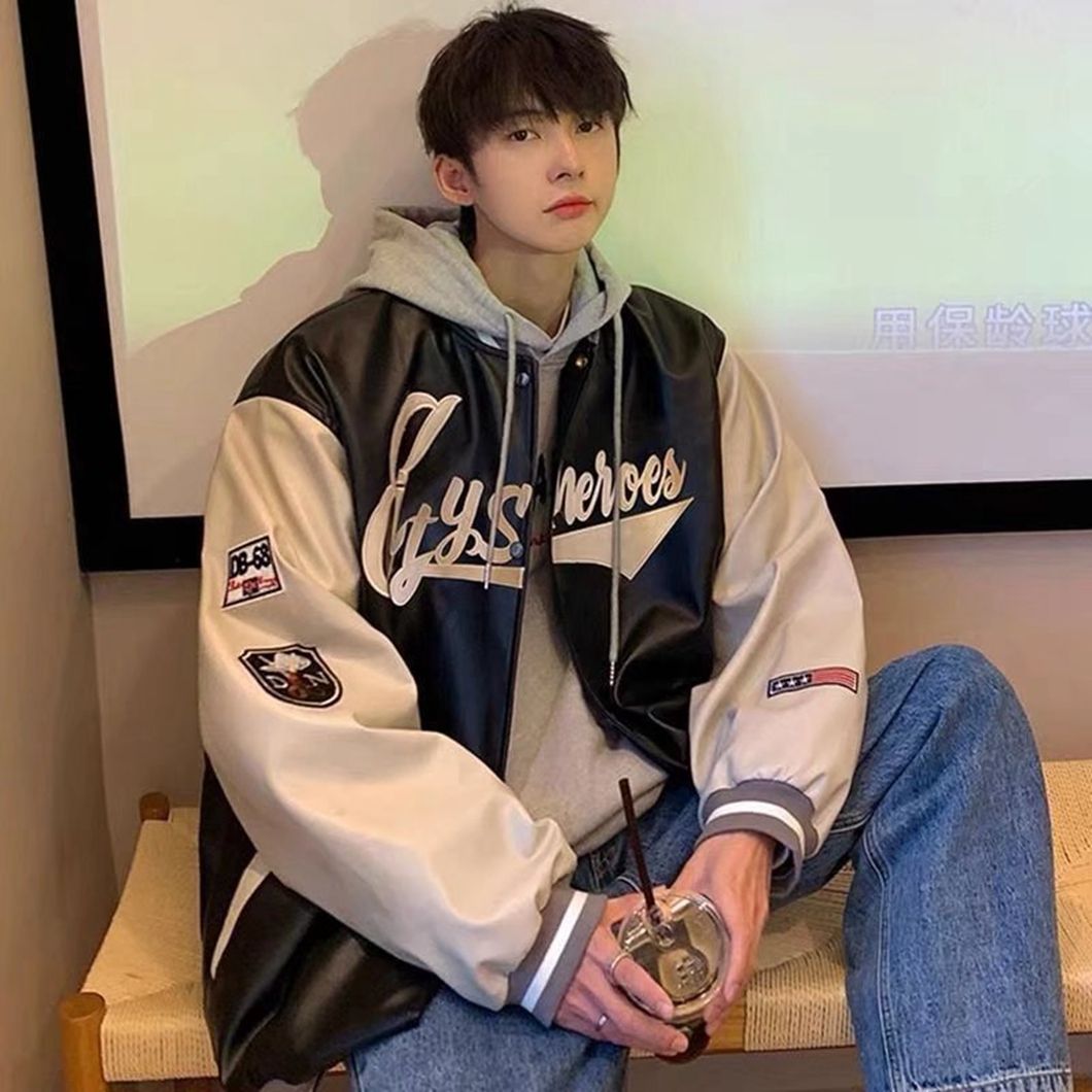 PU Leather Baseball Coat Male Spring and Autumn High Street Casual Sports Jacket Autumn Korean Version Trend Ins Loose Clothes