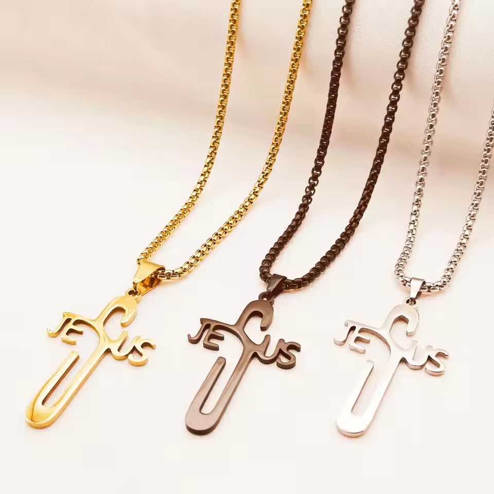 18k Gold Stainless Steel Chain Supplier Fashion Simple Geometric Men Male Pendant Necklaces Jewelry With Steel Cross Wholesale