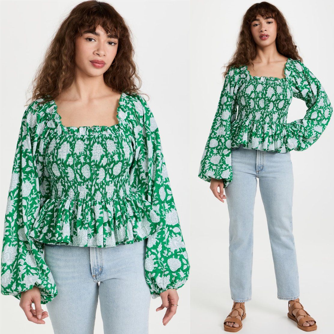 Square Neck OEM China High Quality Fashion Apparel Factory Hot Selling Wholesale Fashion Summer Elegant Long Puff Sleeves Lady Blouses with Elastic Cuffs