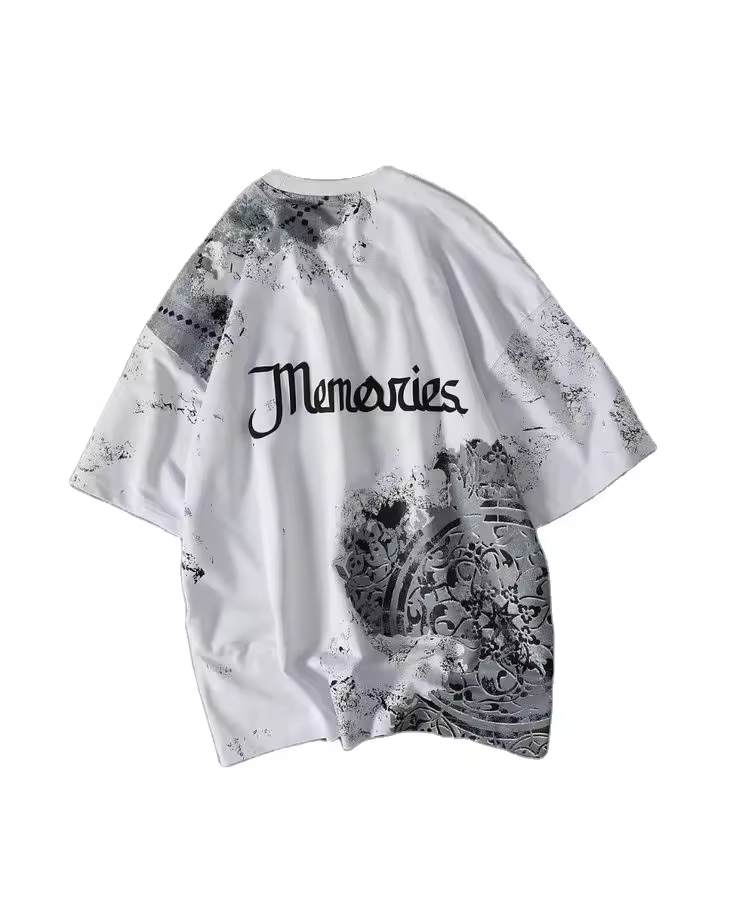 Vintage Inspired White Drop Shoulder T-shirt For Men With "memories" Typography,Grunge Washed Effect And Mandala Circle Pattern