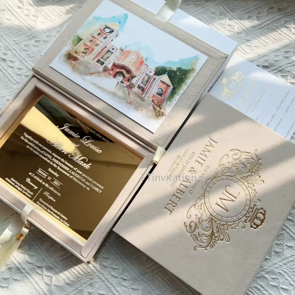 New Arrival Nude Invitation Velvet Box Custom Wedding Logo Gold Mirror Acrylic Wedding Cards Invitation