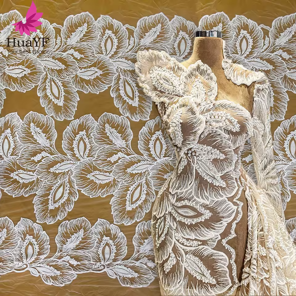 Hot Sale Pure White African Wedding Bridal Embroidery Floral Beaded Lace With Sequins Dress Fabric For 5 Yards Hy1779