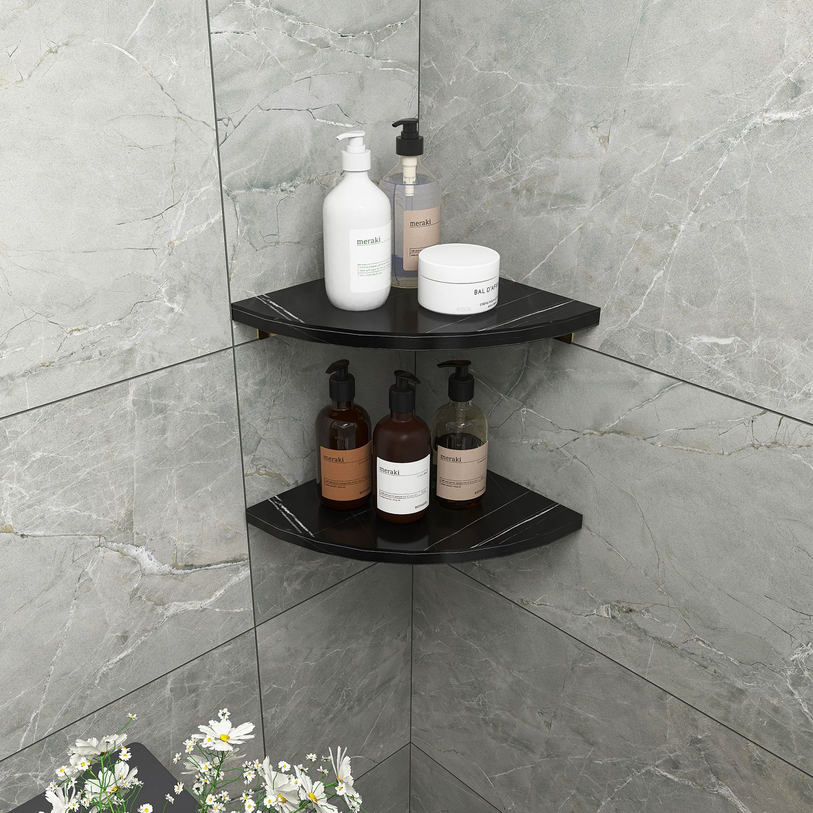 Modern Floating Wall Shelf Bracket Marble Shelf Wall Mounted Black Gold Bathroom Corner Shelf