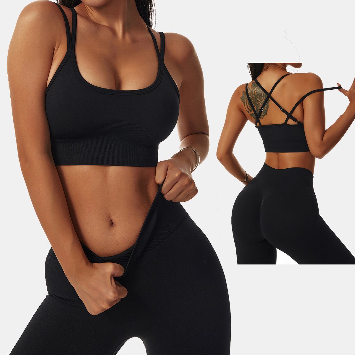 2PCS Fitness Yoga Leggings Gym Activewear Spaghetti Sports Bra Seamless Athletic Sportswear