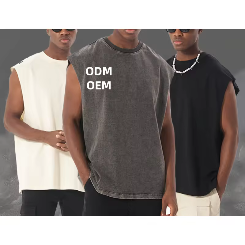 Wholesale Bulk Supply Oversized High Street Vintage Washed Distressed Vest Sleeveless Tshirt Tank Top Men Round Collar Print