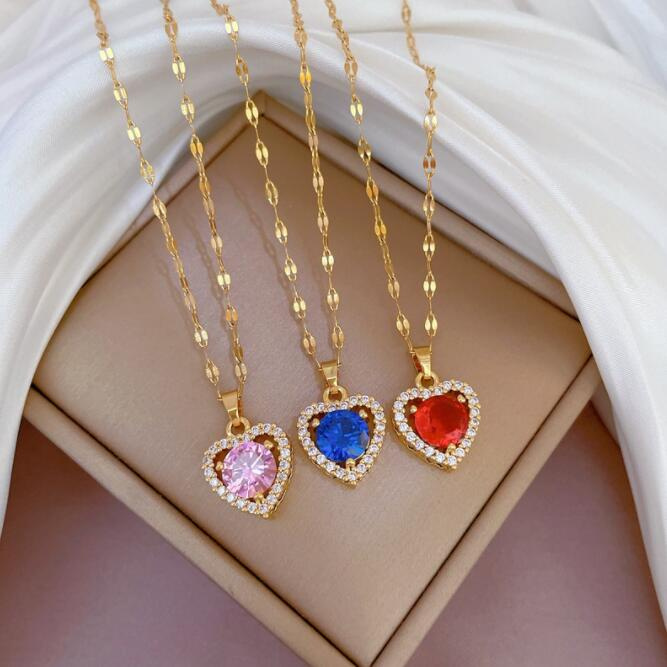 18K Gold Necklace Ruby Diamond Heart Pendant Golden Chain Bling Blue Pink Rhinestone Bride Necklace for Women