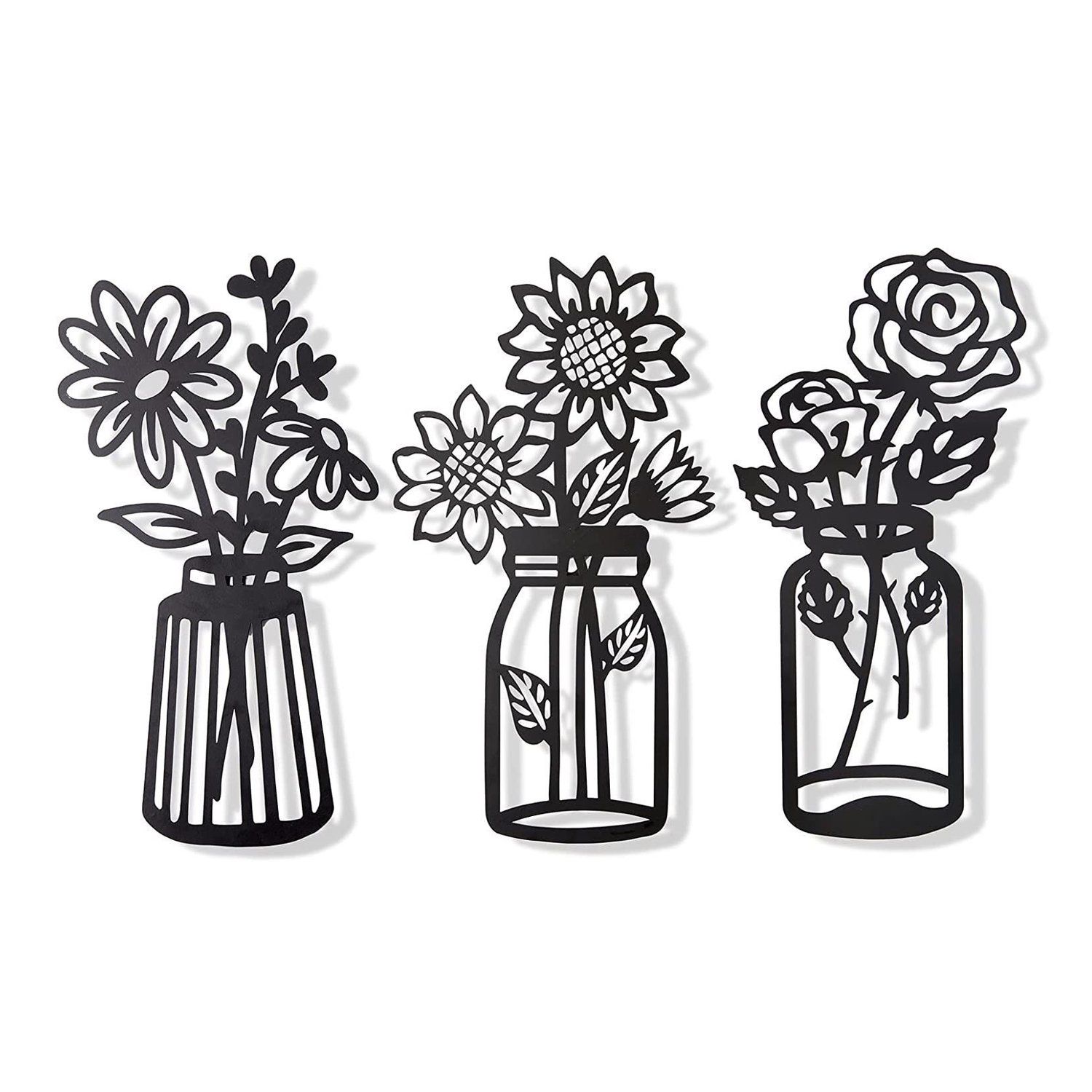 3 Pieces Black Metal Flowers Wall Decor Art for Living Room