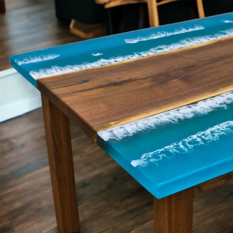 China Manufacturers Special Design Wood Water Blue River Epoxy Resin Dinner Table