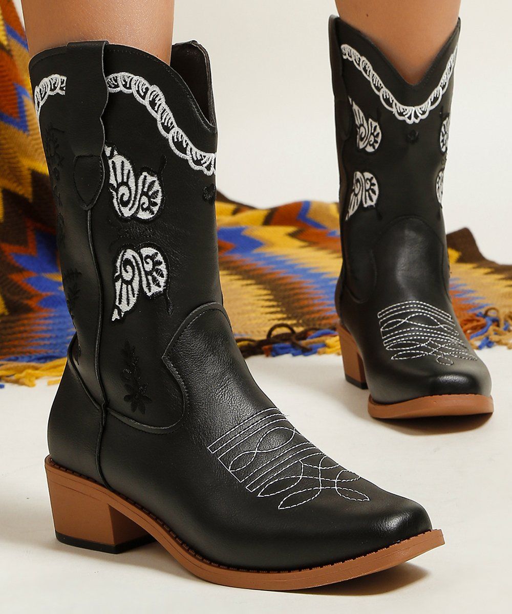 Ladies Winter Shoes Embroidered Thick-Soled Cowboy Vintage Knight Western Boots Chunky Boots Women