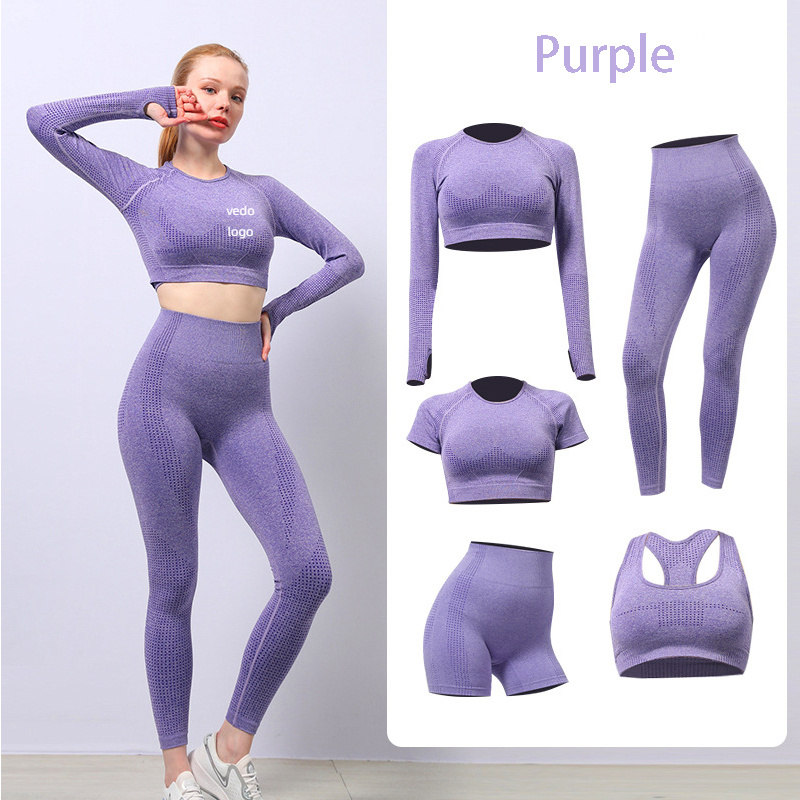 Female Yoga Workout Clothes Gym Fitness Long Sleeve Crop Top High Waist Leggings Sports Suits Seamless Set