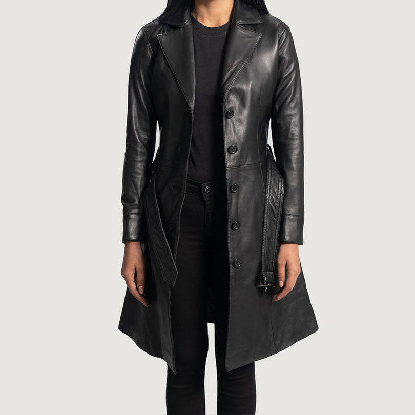 Women's Black Leather Full-Length Jacket, Cotton Padded Casual Jacket