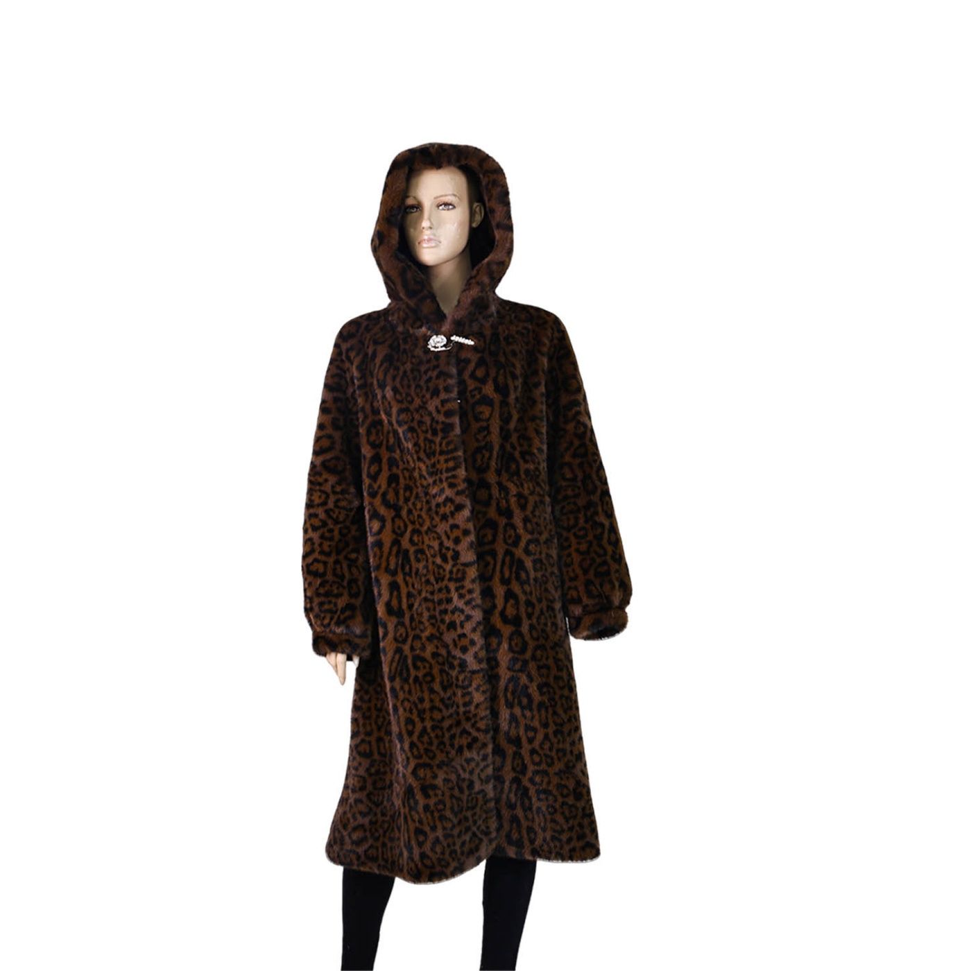 Women's Ultra-Soft Faux Fur Long Coat with Leopard Print & Hood