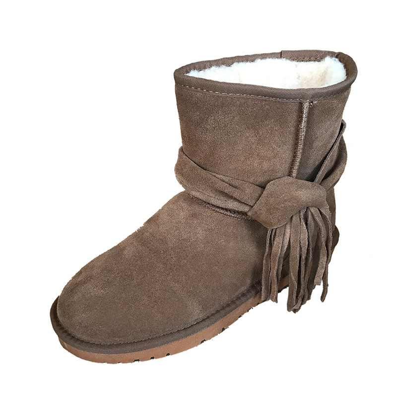 Cheap Ladies Knot Tassel Suede Upper Sheepskin Fur Winter Snow Boots Shoes