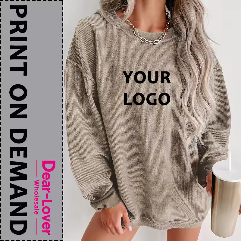 Dear-lover Wholesale High Quality Vintage Blank Solid Long Sleeve Drop Shoulder Ribbed Knit Oversized Plain Sweatshirt For Women