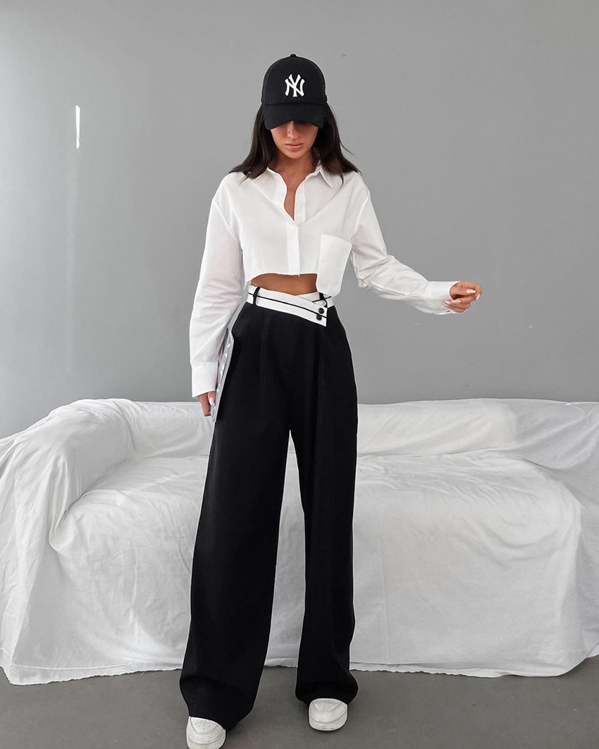 2024 Fall Fashion Casual Black and White Color Blocking Fashion Wide Leg Pants for Women