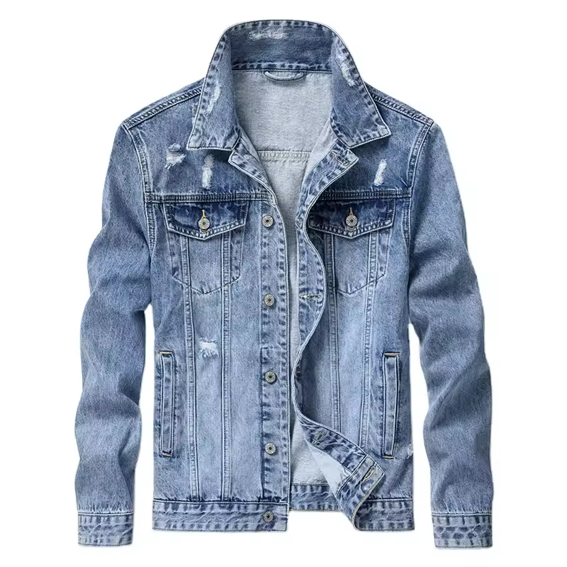 Turn Down Collar Denim Jacket Mens Non Hooded Slim Fit Casual Streetwear Jean Jackets Long Sleeve Trendy Outerwear 2022