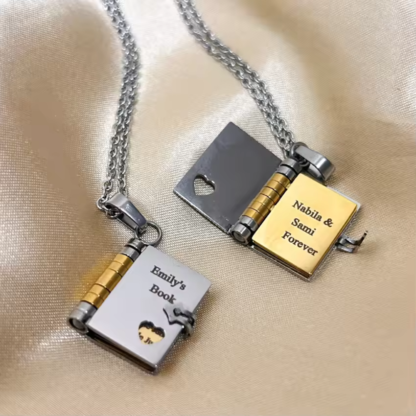 Fatingna Fashion New Design Mini Couple Love Book Locket Pendant Necklace Open Close Waterproof Stainless Steel Chain Trendy