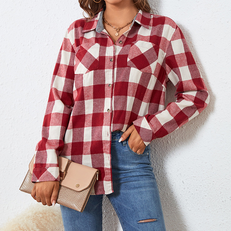 Hot Selling Lady Plaid Flannel Shirts for Women Plaid Shirts Oversized Long Sleeve Casual Button Blouse Top