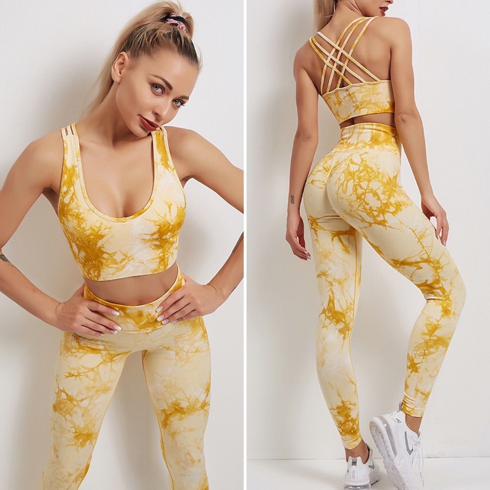 Tie Dye Seamless Workout Activewear Set Exercise Scoop Neck Criss Cross Back Sports Bra + Tiktok Booty Yoga Pants 2PCS Slimming Fitness Sports Wear Set