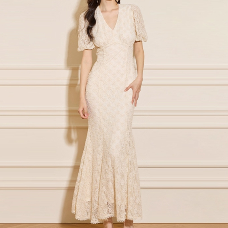 French-Style Moonlight White Tea White Lace Dress - High-End Elegant Age-Reducing Maxi Dress