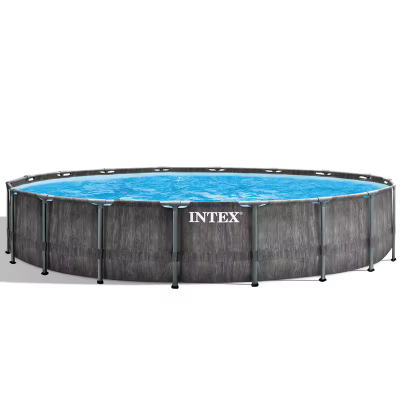 Intex 26744 18ft X 48in Grey Wood Prism Frame Premium Pool Set Outdoor Above Ground Swimming Pool Round Family Pool