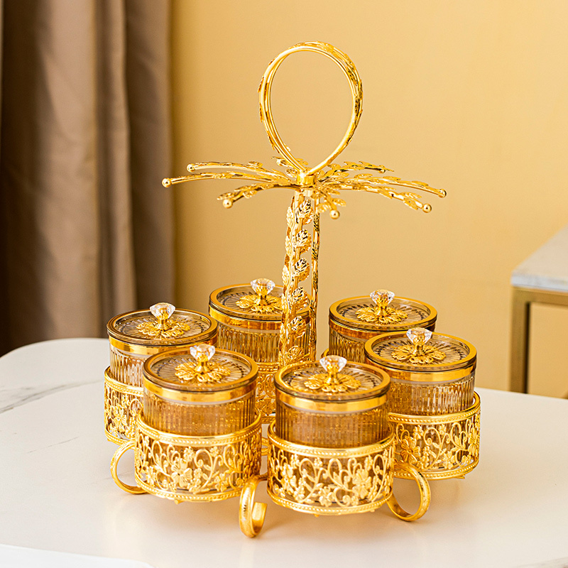 Coconut Tree Home Decor Set, Featuring 6 Acrylic Airtight Containers and a Gold-Plated Iron Candy Bowl