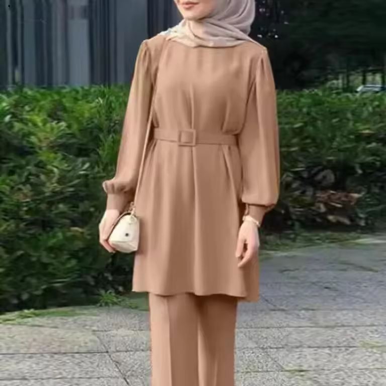 S-5xl Middle Eastern Muslim Women's Clothing Round Neck Long Sleeved Belt Top And Pants Set