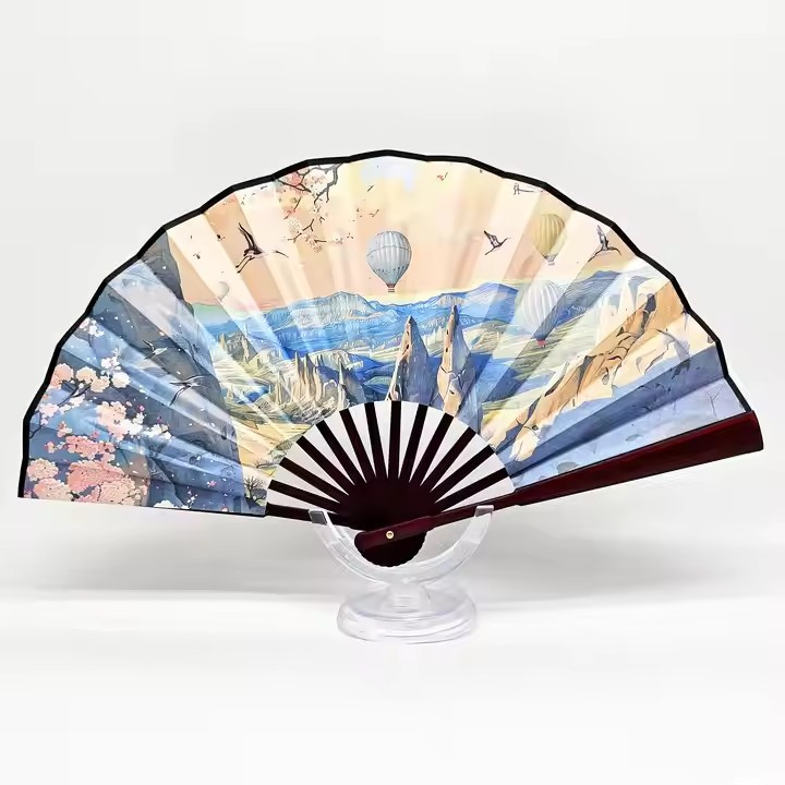 Eco Friendly 26.5cm Folding Fans with Sustainable Black Bamboo Handles and Organic Fabric Fans