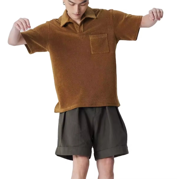 Costom Embroidery Logo 350GSM Pocket T Shirt Men's 2024 High Quality Oversized Plain Blank Terry Cloth Shirt for Men Polo