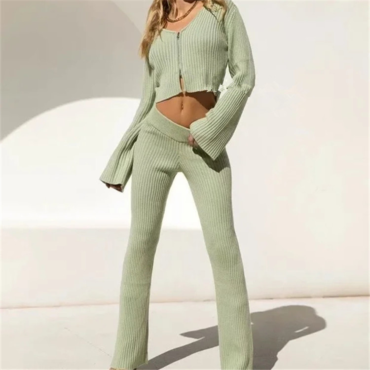 Women Casual V-Neck Long Sleeve Trousers Two Piece Knitted Set