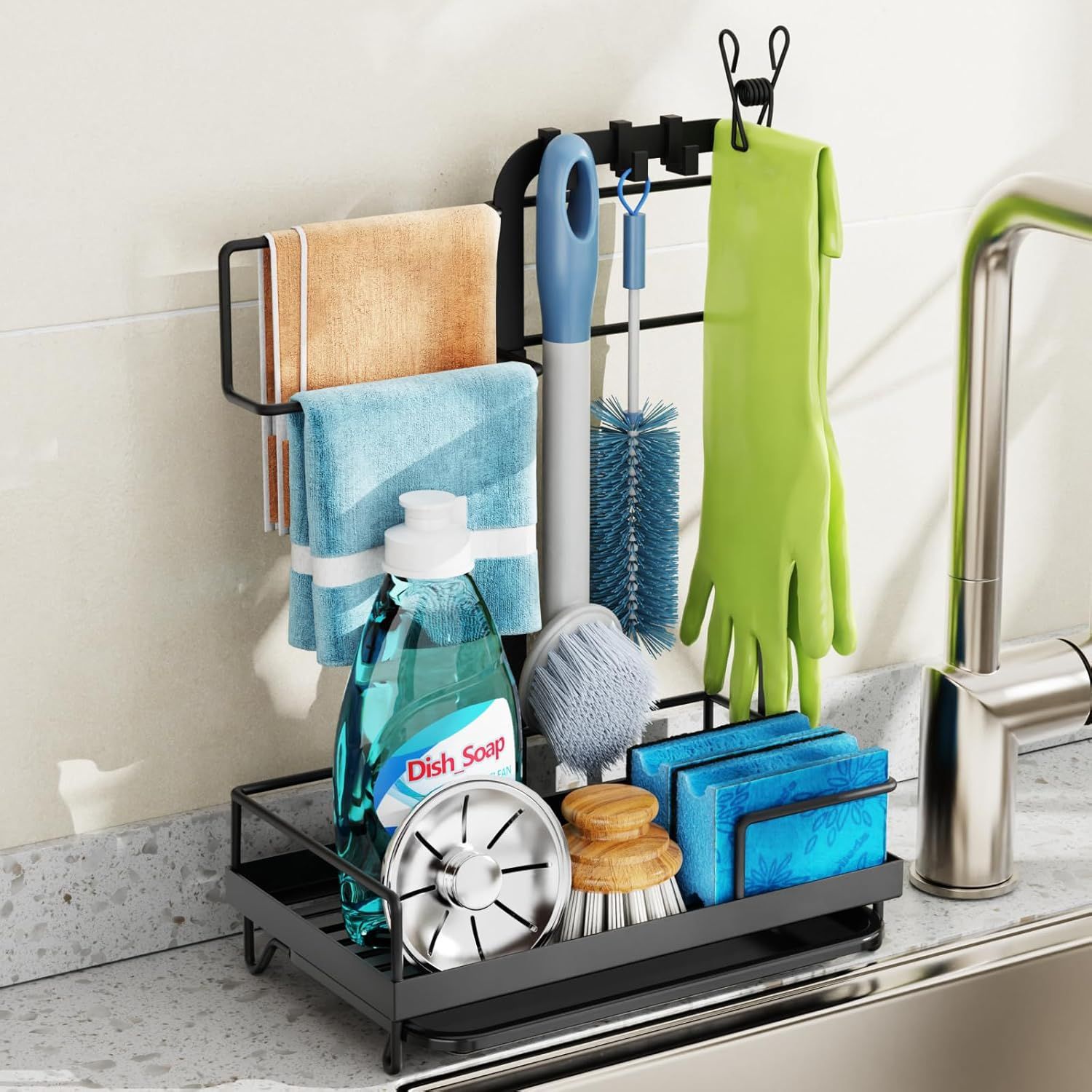 Sink Caddy Kitchen Sink Organizer with Towel Holder Sponge Holder with Hooks