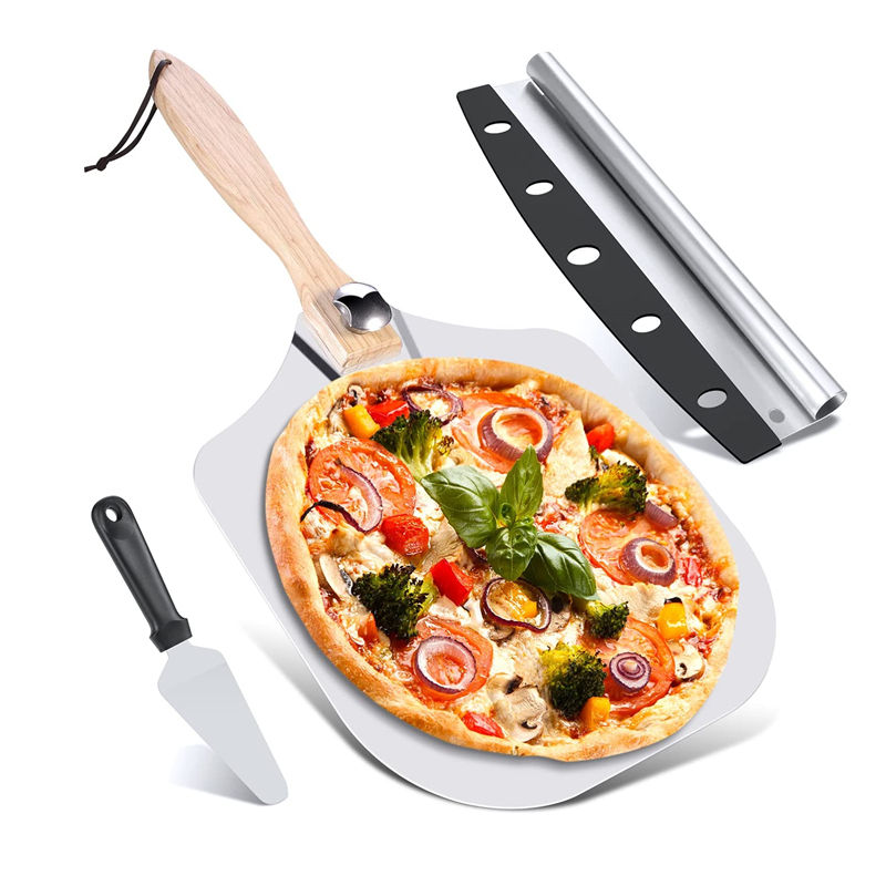 OEM Kitchen Accessories Wooden Handle Pizza Shovel and Cutter with Spatula Aluminum Pizza Peel Set for Home or Commercial Use